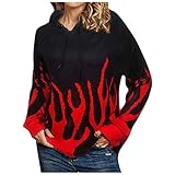 Calvinbi Damen Flammendruck Sweatshirt mit Kapuze Langarm V-Ausschnitt Freizeit Lose Pullover Bluse Top