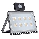 50W LED Strahler mit Bewegungsmelder, LED Fluter 5000LM 3200K Warmweiß, Superhell Außenstrahler 10M Induktion, IP65 Wasserdicht LED Scheinwerfer, Led Floodlight für Gärten, Lagerhallen, Parkp