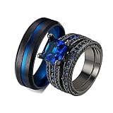 Samavt 2 Pcs Eheringe Edelstahl Vergoldet 6mm Breit Gebürstet Solitär Blau Ringe Partnerringe Trauringe Set Schwarz Frau:52 (16.6) & Mann:62 (19.7)