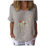 Damen Tops Casual Kurzarm T-Shirt mit Blumenmuster V-Ausschnitt Baumwolle Leinen Lose Tunika Bluse(XL,Grau)