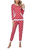 Aiboria Damen Schlafanzug Lang Pyjama Set Baumwolle Langarm Hausanzug Sleepwear V Ausschnitt Zweiteiliger Nachtw