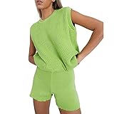 Frauen Sommer Casual 2-teiliges Set aus Strick Farbe einfarbig ohne Ärmel aus Strick Tube Hohe Taille Shorts, grün, 36