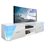 Dripex TV Schrank Lowboard Weiß Hochglanz mit LED Beleuchtung TV Board Fernsehtisch TV Vitrine, 150x37x35