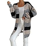 Masrin Strickjacke Damen Winterjacke Farbblock Patchwork Strickpullover Knopflose Cardigan Bluse mit offener Vorderseite Gestricktes Hemd Frühling Herbst Warmes Langarmshirt T