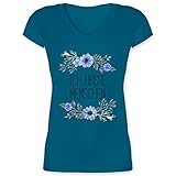 Sprüche Statement mit Spruch - Ich Hasse Menschen Blumen - L - Türkis - ich Hasse Menschen Tshirt - XO1525 - Damen T-Shirt mit V