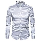 KBUY Herren Longsleeve Langarmshirt Hemd mit Kentkragen Pailletten Hemd 70er 80er Shirt Glänzend Bluse Party Hippy Kostüm Outfit Clubwear Hemd langärmelig Knopfleiste Disko-Seidenähnliches S