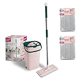 YORK Flachmopp HANDY mit Stiel und Eimer | aus Mikrofaser | saugfähig | für Bodenreinigung | ohne Wasserflecke | Rosa-grün | 2 Extra-Kartuschen | Eimer Kapazität: 6 Liter | Länge des Griffs: 120