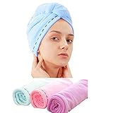 Laicky 3 Pack Mikrofaser Haar Handtuch Wrap Super Saugfähig Twist Turban Schnell trockenes Haar Kappen mit Tasten Bad Schlaufe Befestigen Salon trockenes Haar Hat Pink Blau L