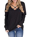 Genhoo Damen Kurzarm Langarm Sommer T Shirt Tunika Tops Blusen S-3XL - Schwarz - Larg