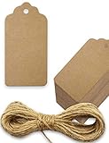 HOMETOOLS.EU® - 100 Kraft-Papier, Natur-Karton, Geschenk-Anhänger, Papier-Anhänger, Papier-Schilder, Label, Papp-Schildchen, 4 x 2 cm, mit 5m Jute-Schnur, beschreiben, beschriften, natur b