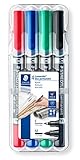 Staedtler Lumocolor duo 348 WP4 permanent marker, 4 Stück in aufstellbarer Staedtler-Box , Schwarz, Blau, Grün, Rot, 1 Packung