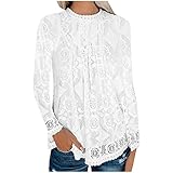 Komiseup Elegant Langarmshirts Damen Einfarbig Spitze Spleißen Rundhals Langarm Dünne Bluse T-S