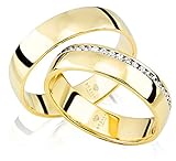 2 x Trauringe 585er Gelbgold 20 x Zirkonia Massiv Hochzeitsringe Eheringe Paarpreis inkl. Gravur E