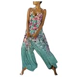 LRWEY Damen Boho Neckholder Weites Bein Rückenfrei Jumpsuits Casual V Ausschnitt Blumendruck Gr. Large, hellb