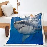 Decke wohndecken kuscheldecken 100x130cm Blauer Hai 3D-Muster Sherpa Decke, Groß Kuscheldecke für Erwachsene und Kinder, warme flauschig weiche Sofadecke Tagesdecke oder Wohnzimmerdeck