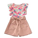 LROSEY Baby Mädchen Kleidung Ärmelloses Neckholder Weste T-Shirt Rüschen Hosenträger Tank Top Blumenmuster Kordelzug Shorts Hosen Kurze Hose Set Sommer O