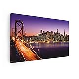 Pixalino® Leinwandbild - Skyline von San Francisco Kalifornien und Bay Bridge bei Sonnenuntergang | Leinwandbild, Canvas 260g, 180 x 120