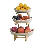 Obstkorb Etagere 3 Etagen Obst Etagere Keramik Obstschale Mit Natürlichem Bambus Ständer Abnehmbar Obst Halter Küche Ablagekorb,Arbeitsplatte Dekoschalen 3 Stöckig Ob