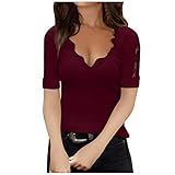 Tunika Elegant Langarmshirt V-Ausschnitte Wintershirts Streetwear Sport Oberteile Vintage Übergröße Winterblusen Sexy Slim Fit T-Shirt Casual Rundhals T-Shirt(#1229-9 A01 Rot, XL)