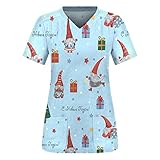 Weihnachten Bunt Drucken Pflege Kasacks Nurse Uniformen Damen V-Ausschnitt Kurzarm Frauen Pflegeuniform T-Shirts Arbeitsuniform Schlupfhemd Arbeitskleidung T-Shirt Schlupfkasack mit T