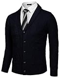 COOFANDY Herren Schalkragen Cardigan Sweater Slim Fit Merish Aran Button Down Zopfstrickpullover mit Taschen,Navy blau,XL