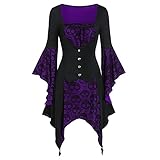 Halloween Vintage Kleid Gothic Retro MiniKleid Gebunden Taille Kleid A-Linie Renaissance Cosplay Karneval Party Kostüm (Lila,XXL)