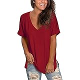 Klassische Damen-T-Shirts Mit V-Ausschnitt, Sommeroberteile, Blumen-Kurzarm-T-Shirts, LäSsige, Locker Sitzende Blusen-Oberteile (XL,Rot)