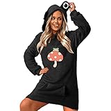 Teddy Fleece Hoodie Kleid Damen Kapuzenpullover Sweatshirt Damen Oversized Frauen Kawaii Froschdruck Langarm Herbst Winter Longpullover Für Damen Schlafanzug Frottee Pyjama Hausanzug Top