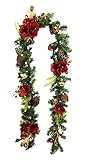 Girlande mit künstlichen Blumen Amaryllis Tanne Zapfen Beeren Blätter Feder Glitzer mit LED Beleuchtung batteriebetrieben Deko Weihnachten Treppe Kamin Möbel Wand Tür Innen X'Mas Weihnachtsg