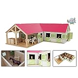 Van Manen Kids Globe Horses Pferdehof aus Holz - Maßstab 1:24, pink, 3 Boxen, mit beweglichen Türen, Fenster und Dach – 610210