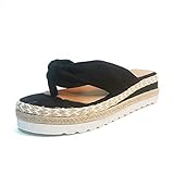 Damen Zehentrenner Espadrilles mit Keilabsatz Plateau Weichem Rutschfester Laufsohle, Frauen Flip Flops Sommer Zehenstegsandalen Bequeme Sandalen Urlaub Strandpantolette Celucke (Schwarz, EU38)