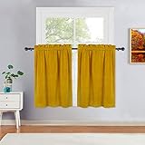 LinTimes Velvet Tier Vorhänge, Paar Vorhänge Küche Cafe Vorhänge 36 Zoll Drop Küchenvorhänge Kurze Fenstervorhänge Stangentasche Kleine Cafe Vorhänge, 26' B x 36' T, Senf, 2