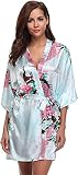 Seide Satin Hochzeit Braut Brautjungfer Robe Floral Bademantel Kurze Kimono Robe Nachtrobe Bademantel Mode Morgenmantel Für Frauen -Light blue-7-XXL