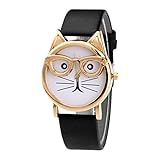 Funny Uhr Katze Armbanduhren Chronograph Damenuhr Leder-Uhr-Weinlese-Uhr Schmuck Zubehör (Schwarz)