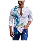 Herren Freizeithemd aus Baumwolle und Leinen, für Herbst und Winter, langärmelig, Stehkragen, Henley-Shirt, schmale Passform, legere Knöpfe, A242_hellblau, M