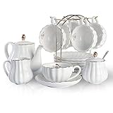 Sweejar Home 22 Stück Europäischen Stil Tee Service, Teetasse und Untertasse Set, Keramik Kaffeeset, Tee-Set Royal Family aus Porzellan, für 6 Personen, 225 ml-Tassen weiß