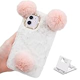 Yewos Plüsch Hülle für LG K51,Niedlich 3D Panda Pelz Hase Weich Winter Warm Flauschig Handyhülle für Frauen Mädchen,Faux Glitzer Diamant Stoßfest TPU Schutzhülle,Rosa Weiß
