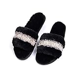 XZDNYDHGX rutschfeste Slippers Pantoffeln Für Damen,Frauen Winterschuhe Pelz Hausschuhe, Indoor Plüsch Flauschig Warm Weiblich Flacher Schuh schwarz EU 35-36