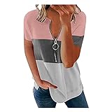 Damen Bluse mit Reißverschluss, modische Kontrastfarbe, Reißverschluss, kurze Ärmel, lässige Passform, Damen-T-Shirt, Basic-T-Shirt, Halloween, Sweatshirt, rose, XXL