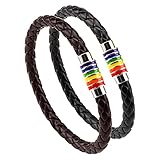 PHOGARY Gay Pride Armband Regenbogen Armband (2 Pack, Schwarz+Braun), Leder Pärchen Armband Herren Damen LGBT Armreif mit Regenbogen Streifen Edelstahl Mag