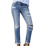AOCRD Löchern Jeanshosen Damen High Waist Slim Fit Jeans Shaping Lang Denim Hosen mit Tasche Ripped Hose Streetwear F