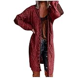 Sweaters Dress for Women Ladies Patchwork Cardigan Long Sleeve Open Front Knit Sweaters Coat Pockets (Red, M)