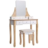 VASAGLE Schminktisch, Frisiertisch mit drehbarem Spiegel ohne Rahmen, Kosmetiktisch, Frisierkommode, für Make-up, mit Polsterhocker, 5 Schubladen, beweglicher Aufbewahrungskasten, Weiß-Natur RDT25