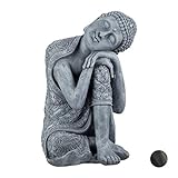 Relaxdays Buddha Figur geneigter Kopf, XL 60cm, Asia Deko, Gartenfigur, Dekofigur Wohnzimmer, frost- & wetterfest, g