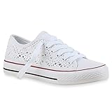 stiefelparadies Damen Sneakers Spitze Denim Sport Strass Stoff Blumen Prints Textil Sneaker Low Schuhe 131693 Weiß Spitze 37 F