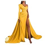 MNRIUOCII Damen Satin Abendkleid A-Linie Schulterfrei Lange Brautjungfernkleid V Ausschnitt Ballkleid hoher Schluff Unregelmässiges Seiten Schlitz Blusenkleid Cocktailk