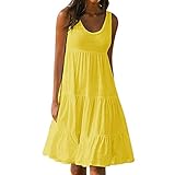Damen Plissee Kleid Sommerkleid Lose ÄRmellos Rundhals Einfarbig SpleißEn Big Swing Strandkleid TräGerkleid Damen Kleider Swing Kleid Hemd Kleid F