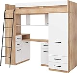 Hochbett mit Schreibtisch, Schubladen, Kleiderschrank und Bücherregal - SMYK L - (Eiche Sonoma/Weiß)