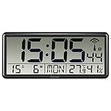 Hama Digitale Wanduhr XXL mit Funk (Digitaluhr mit Thermometer und Hygrometer, große Funkuhr mit Datum und Wochentag, gut ablesbar Wand Uhr zum Hängen und Stellen, inkl. Batterie) schw