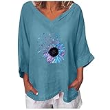 Kittoy FeiBeauty Damen Oversize Leinenbluse Elegant Löwenzahn Druck Langarmshirt Bluse Leinen V-Ausschnitt Pullover Oberteile Tunika Casual Shirt Top Streetwear Lose Tops Lässige Oberteil Bluse S